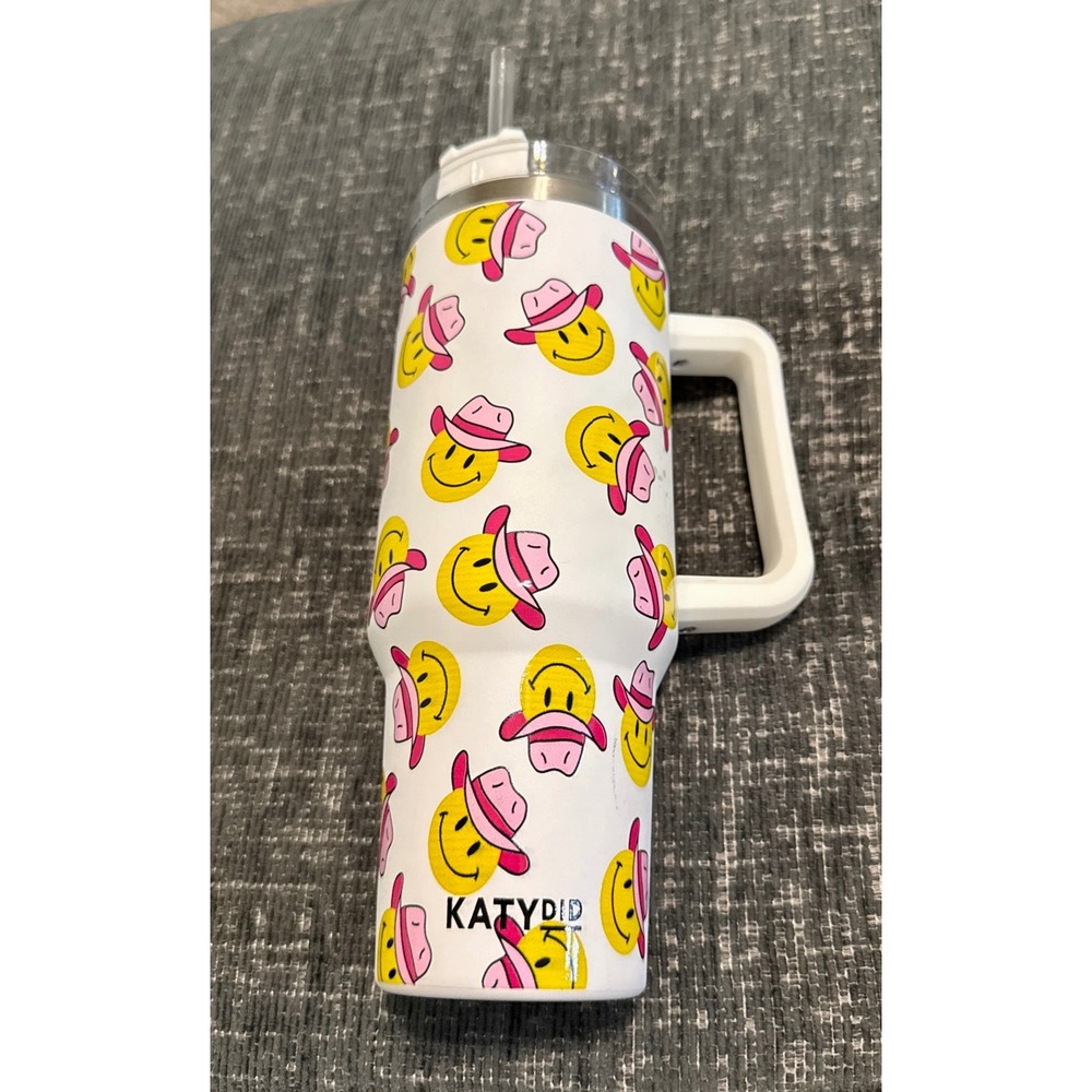 Katydid Tumbler Travel Mug 40oz White Good Smiley Face Cowboy Hat Straw